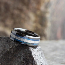 Midnight Blue Ceramic Wedding Band, Meteorite Ring With Beveled Edges, Blue Box Elder Burl Wood Ring-2544