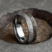 Tungsten Fossil Ring, Gibeon Meteorite Wedding Band With Dinosaur Bone-2605