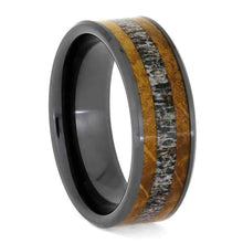 Deer Antler Wedding Band With Whiskey Barrel Oak, Black Ceramic Ring-3764