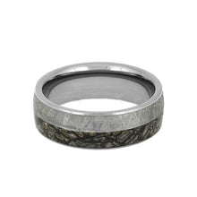 Tungsten Fossil Ring, Gibeon Meteorite Wedding Band With Dinosaur Bone-2605