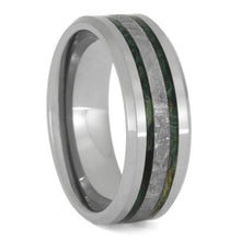 Meteorite Wedding Band, Tungsten Ring With Green Box Elder-2490