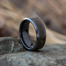 Black Ceramic Wedding Band With Crushed Dinosaur Bone Inlay-SIG3027