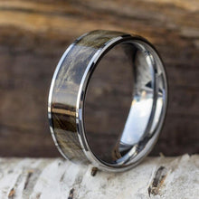 Buckeye Burl Wood Wedding Band, Beveled Tungsten Ring-2609