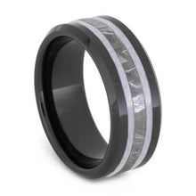 Meteorite Ring, Black Ceramic Wedding Band With White Enamel Pinstripes-2631