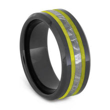 Gibeon Meteorite Wedding Band With Yellow Enamel, Black Ceramic Ring-2629