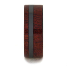 Black Ceramic Ring with Deep Red Bloodwood Overlay, Wood Wedding Band-1623
