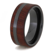 Black Ceramic Ring with Deep Red Bloodwood Overlay, Wood Wedding Band-1623