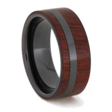 Black Ceramic Ring with Deep Red Bloodwood Overlay, Wood Wedding Band-1623