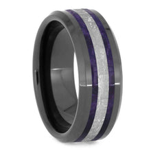 Beveled Wedding Band, Purple Box Elder Burl Wood Ring, Black Ceramic Ring With Meteorite-2548