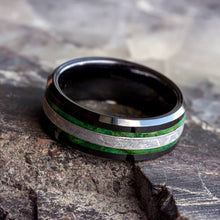 Black Ceramic Ring With Green Box Elder Burl And Meteorite-2150