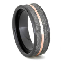 Rose Gold Meteorite Ring In Beveled Black Ceramic Band, Masculine Wedding Band-2595