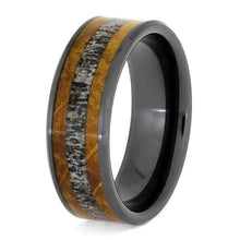 Deer Antler Wedding Band With Whiskey Barrel Oak, Black Ceramic Ring-3764