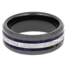 Beveled Wedding Band, Purple Box Elder Burl Wood Ring, Black Ceramic Ring With Meteorite-2548