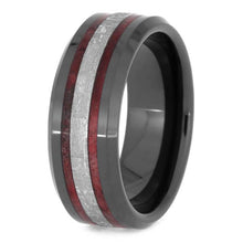Red Box Elder Burl Wood Ring, Beveled Black Ceramic Wedding Band-2549