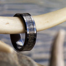 Black Ceramic Ring with Antler Inlay and Beveled Edges-1756