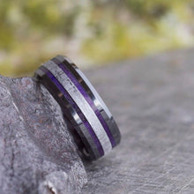 Beveled Wedding Band, Purple Box Elder Burl Wood Ring, Black Ceramic Ring With Meteorite-2548