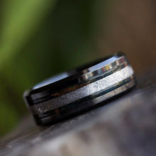 Black Ceramic Wedding Band With Meteorite And Blue Redwood-3137