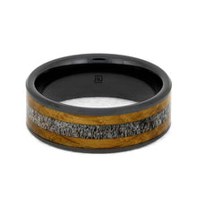Deer Antler Wedding Band With Whiskey Barrel Oak, Black Ceramic Ring-3764