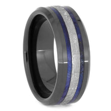 Midnight Blue Ceramic Wedding Band, Meteorite Ring With Beveled Edges, Blue Box Elder Burl Wood Ring-2544