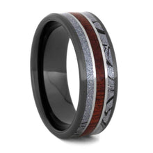 Unique Mokume Wedding Band With Bloodwood, Black Ceramic Ring-2306