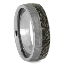 Tungsten Fossil Ring, Gibeon Meteorite Wedding Band With Dinosaur Bone-2605