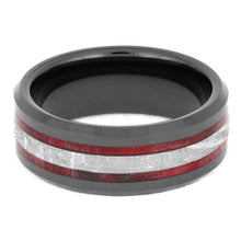 Red Box Elder Burl Wood Ring, Beveled Black Ceramic Wedding Band-2549