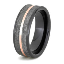 Rose Gold Meteorite Ring In Beveled Black Ceramic Band-2595