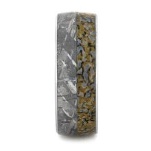 Dinosaur Bone Ring with Meteorite Inlay on a Polished Tungsten Band