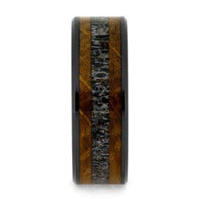 Deer Antler Wedding Band With Whiskey Barrel Oak, Black Ceramic Ring-3764