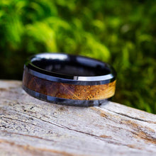 Whiskey Barrel Wood Ring, Black Ceramic Wedding Band-2620