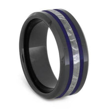 Meteorite Ring in Black Ceramic With Navy Blue Enamel Pinstripes-2625