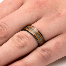 Deer Antler Wedding Band With Whiskey Barrel Oak, Black Ceramic Ring-3764