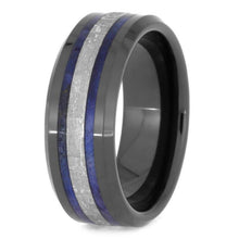 Midnight Blue Ceramic Wedding Band, Meteorite Ring With Beveled Edges, Blue Box Elder Burl Wood Ring-2544
