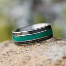 Malachite Ring With Dinosaur Bone, Tungsten Wedding Band-3685