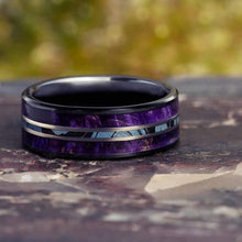 Mokume Wedding Band With Purple Box Elder, Black Ceramic Ring-2531