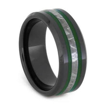 Meteorite Wedding Band With Emerald Green Enamel Pinstripes in Black Ceramic-2627