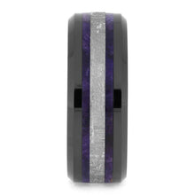 Beveled Wedding Band, Purple Box Elder Burl Wood Ring, Black Ceramic Ring With Meteorite-2548