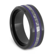 Black Ceramic And Meteorite Ring With Purple Enamel Pinstripes-2630