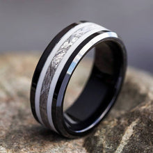 Meteorite Ring, Black Ceramic Wedding Band With White Enamel Pinstripes-2631