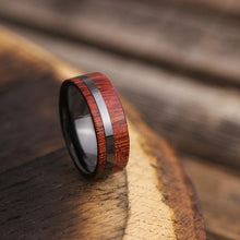 Black Ceramic Ring With Deep Red Bloodwood Overlay, Wood Wedding Band-1623