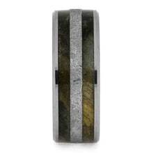 Meteorite Wedding Band, Beveled Tungsten Ring With Buckeye Burl Wood-3760