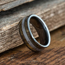 Meteorite Wedding Band, Beveled Tungsten Ring With Buckeye Burl Wood-3760