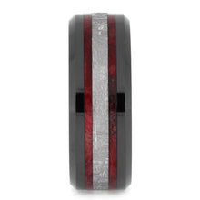 Red Box Elder Burl Wood Ring, Beveled Black Ceramic Wedding Band-2549