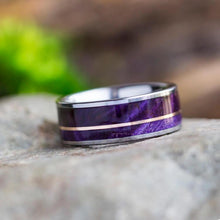 Purple Box Elder Burl Ring With Rose Gold Pinstripe, Tungsten Ring-3617