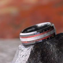 Red Box Elder Burl Wood Ring, Beveled Black Ceramic Wedding Band-2549