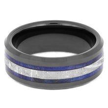 Midnight Blue Ceramic Wedding Band, Meteorite Ring With Beveled Edges, Blue Box Elder Burl Wood Ring-2544