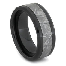 Black Ceramic Ring With Meteorite Inlay And Beveled Edges, Wedding Band-1666
