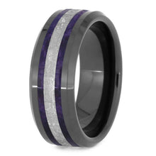 Beveled Wedding Band, Purple Box Elder Burl Wood Ring, Black Ceramic Ring With Meteorite-2548