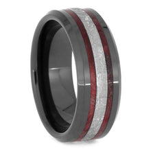 Red Box Elder Burl Wood Ring, Beveled Black Ceramic Wedding Band-2549